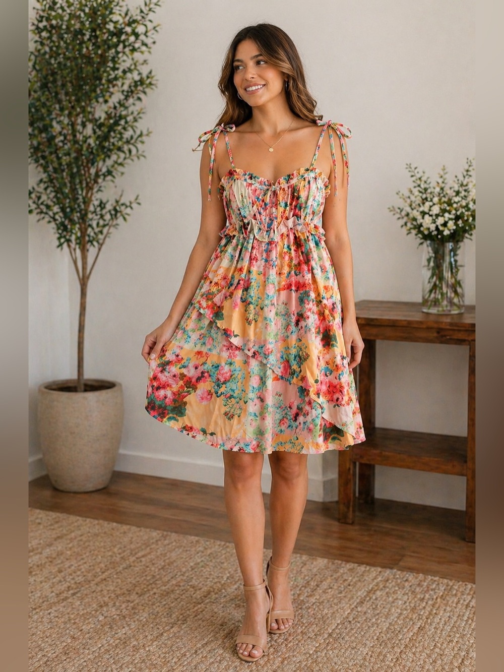 Floral Tie-Shoulder Sundress in Peach, mini dress . Size Large - Picture 1 of 4